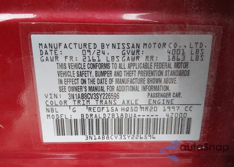 2025 Nissan Sentra Sv from USA, damaged, VIN 3N1AB8CV3SY226596